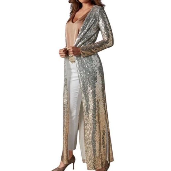NWT Women’s Alexia Admor Silver Gold Ombre Sequin Duster Size M Cardigan Trench - Picture 1 of 11